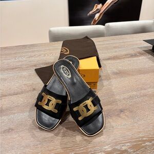 Tod's Black and Gold Women's Slide Sandals